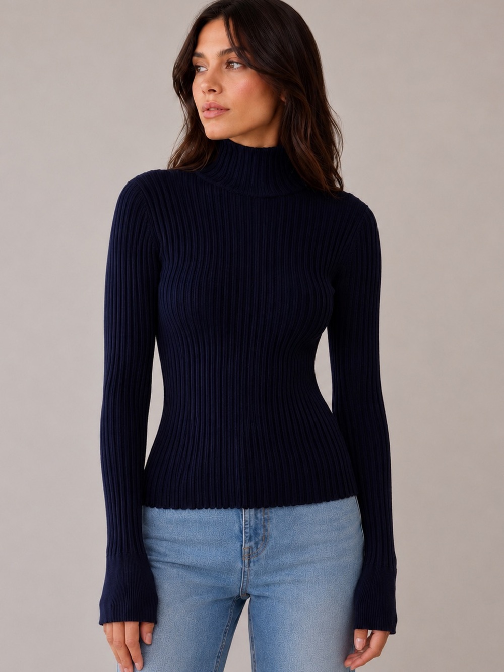LOFT Ribbed Turtleneck Sweater Top Dark Navy Fitted Long Sleeve BNWT M